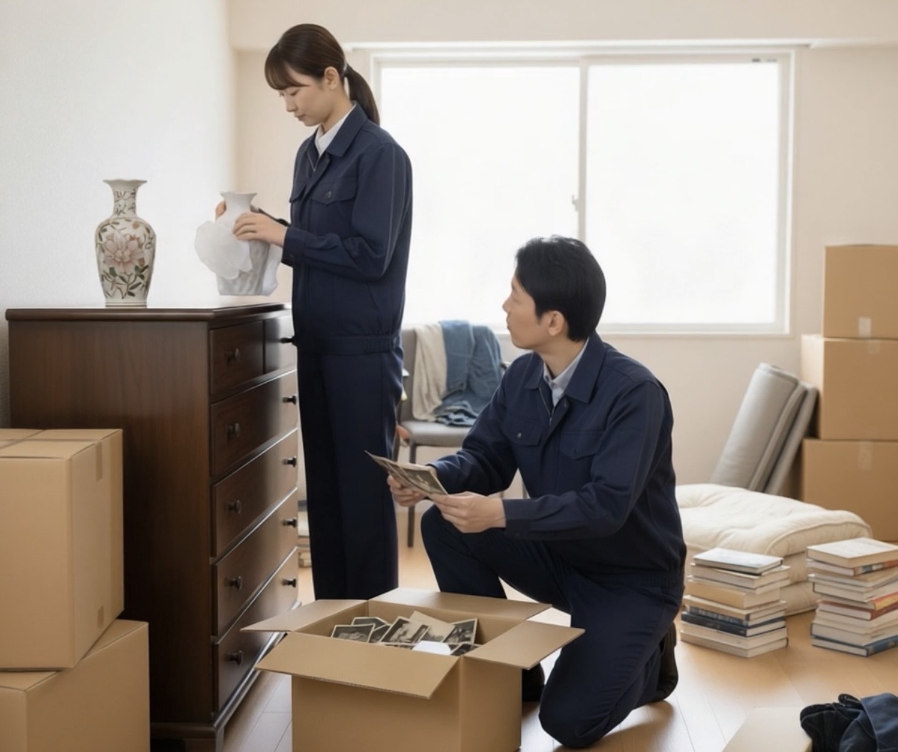 スタッフが空き家の家財を丁寧に確認している様子